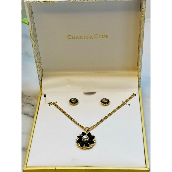 Charter Club Gold-Tone Necklace & Earrings Set Black Flower Pendant -170 - Picture 1 of 3